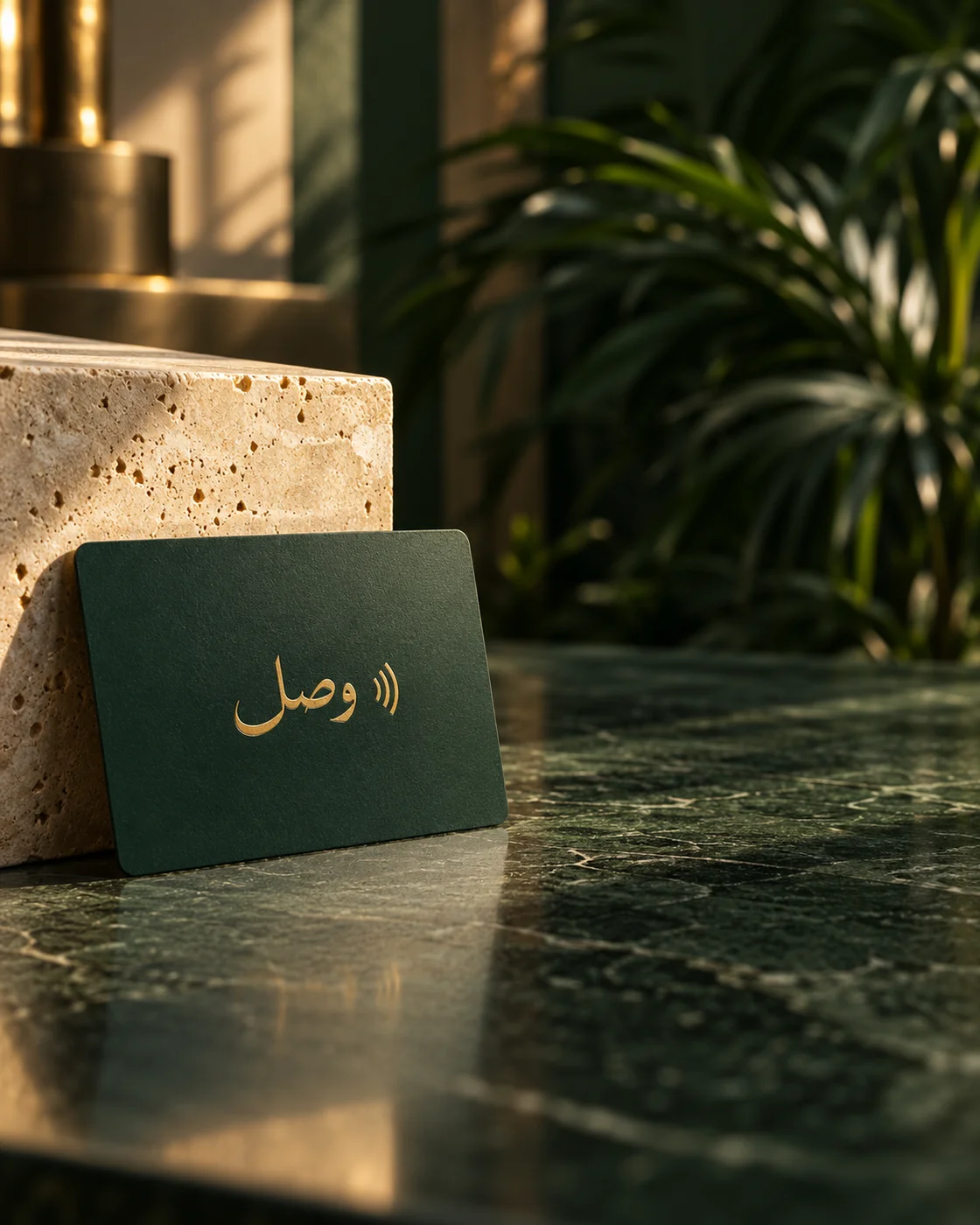 تصوّر لبطاقة وصل الخضراء بلمسات ذهبية على حجر طبيعي